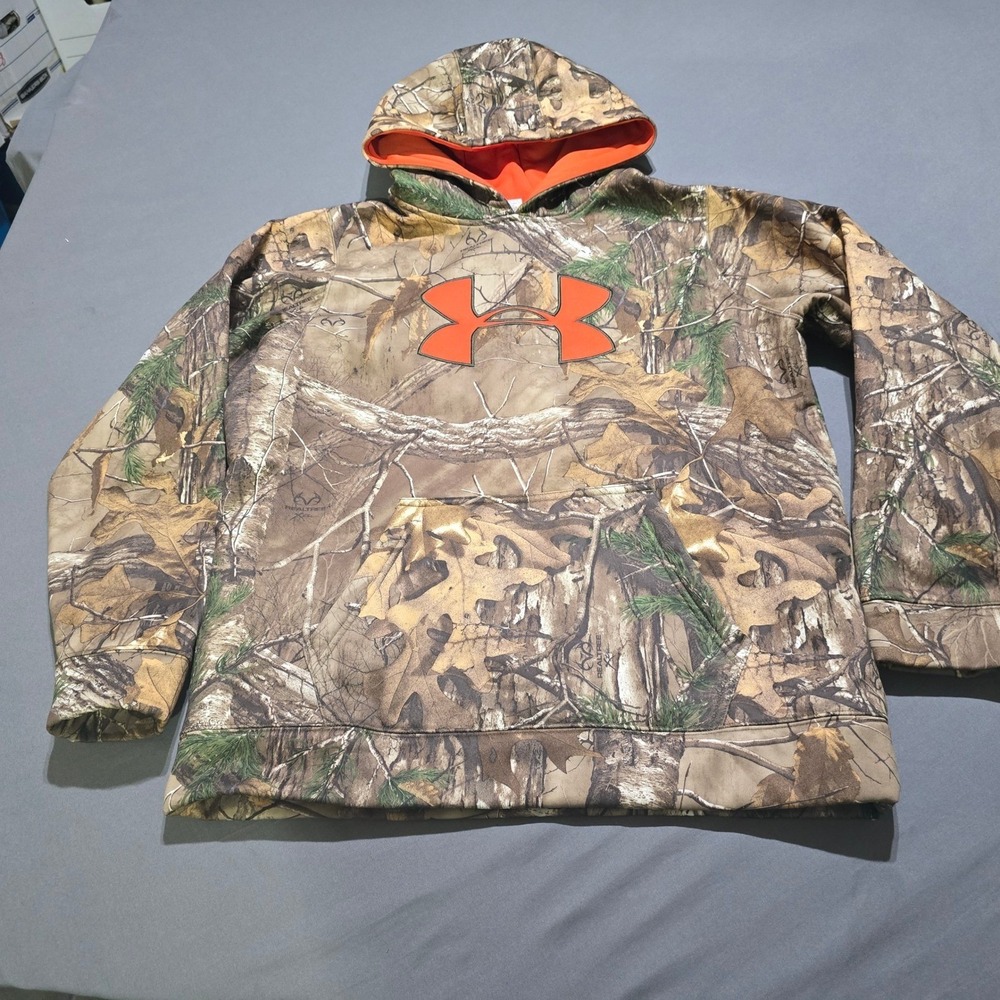Under Armour Hoodie kids YXL Brown Realtree Xtra Camo Orange Logo Pullover